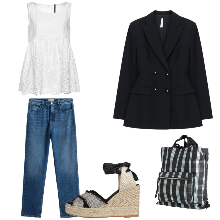 Outfit donna - Ufficio trendy. Abbinamento con top, zaini, espadrillas, blazer, jeans.