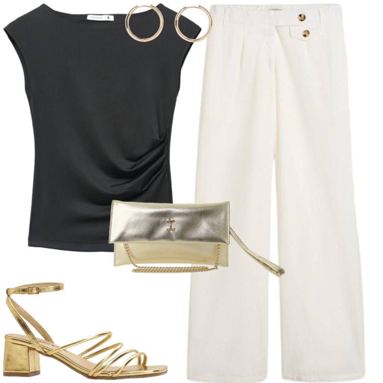 Outfit donna - Accostamenti vincenti. Stile Chic per Serata fuori. Abbinamento con sandali col tacco, orecchini, pantaloni, top, borse a tracolla.