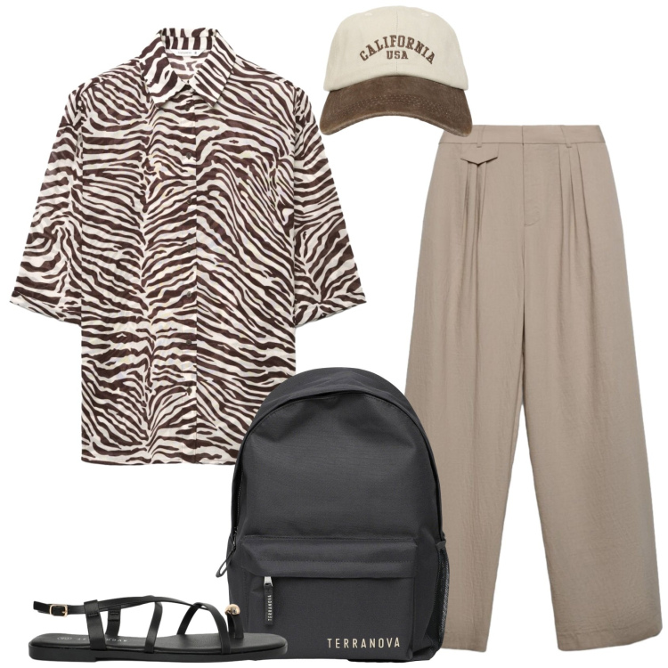 Outfit donna - Al giardino. Stile Casual per Tutti i giorni. Abbinamento con pantaloni, sandali, zaini, cappelli con visiera, camicie a manica corta.