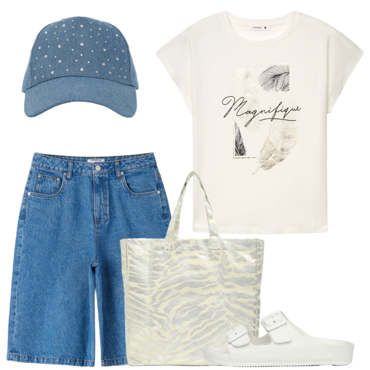 Outfit donna - Metà luglio. Stile Basic per Tutti i giorni. Abbinamento con bermuda, cappelli, t-shirt, shopping bag, ciabatte.