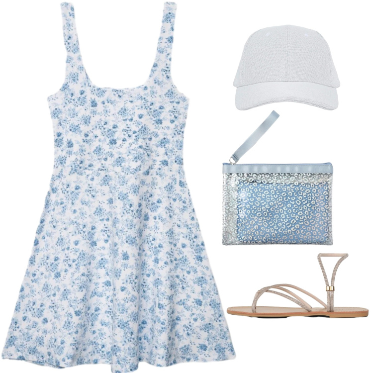 Outfit donna - Abitino celeste. Stile Romantica per Tutti i giorni. Abbinamento con vestiti corti, cappelli con visiera, pochette, sandali.