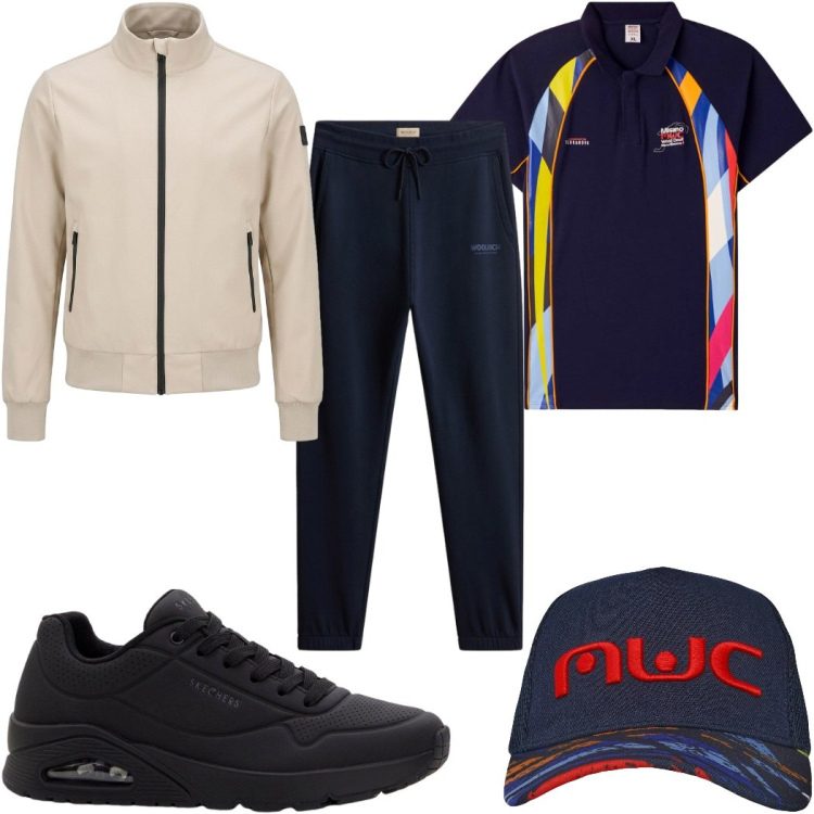 Outfit uomo - Total look #2436303. Stile Trendy per Tutti i giorni. Abbinamento con sneakers, cappelli con visiera, polo, bomber, pantaloni.