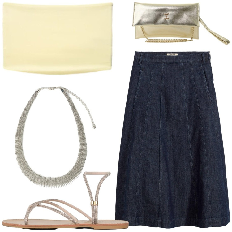 Outfit donna - Giallo burro e blu denim. Stile Chic per Serata fuori. Abbinamento con gonne longuette, sandali, top, collane, borse a tracolla.