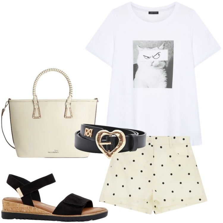 Outfit donna - Colazione a Parigi. Stile Casual chic per Tutti i giorni. Abbinamento con sandali, shopping bag, shorts, t-shirt, cinture.