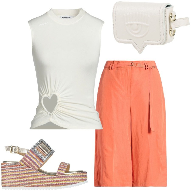 Outfit donna - Fresco outfit cittadino. Stile Casual chic per Tutti i giorni. Abbinamento con pantaloni, marsupi, top, sandali in pelle.
