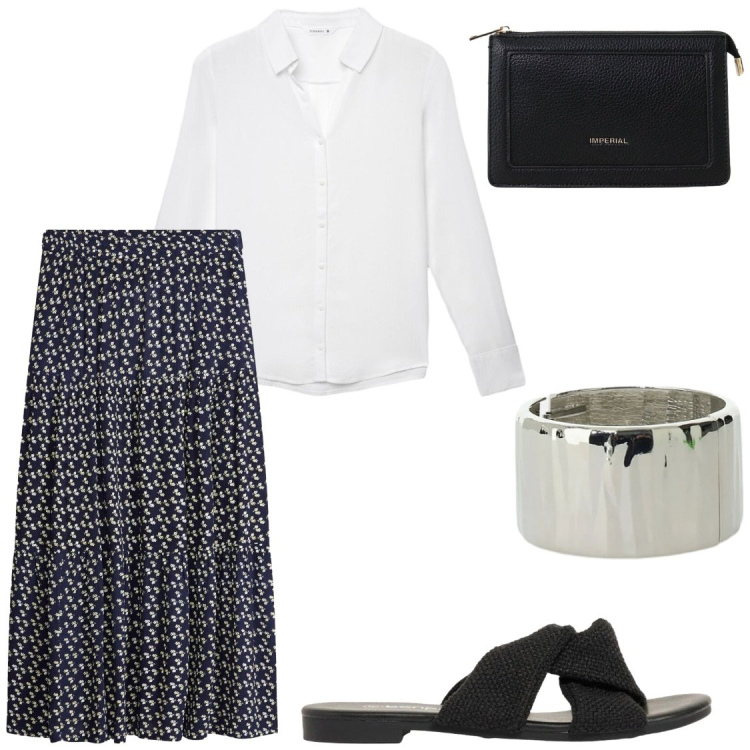 Outfit donna - Maniche arrotolate e gonne lunghe. Stile Chic per Serata fuori. Abbinamento con gonne lunghe, sandali, camicie, borse a tracolla, braccialetti.