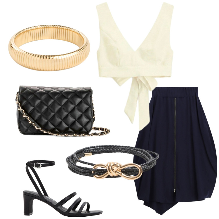 Outfit donna - Total look #2436316. Stile Glamour per Serata fuori. Abbinamento con sandali col tacco, braccialetti, borse a tracolla, cinture, gonne longuette, top.