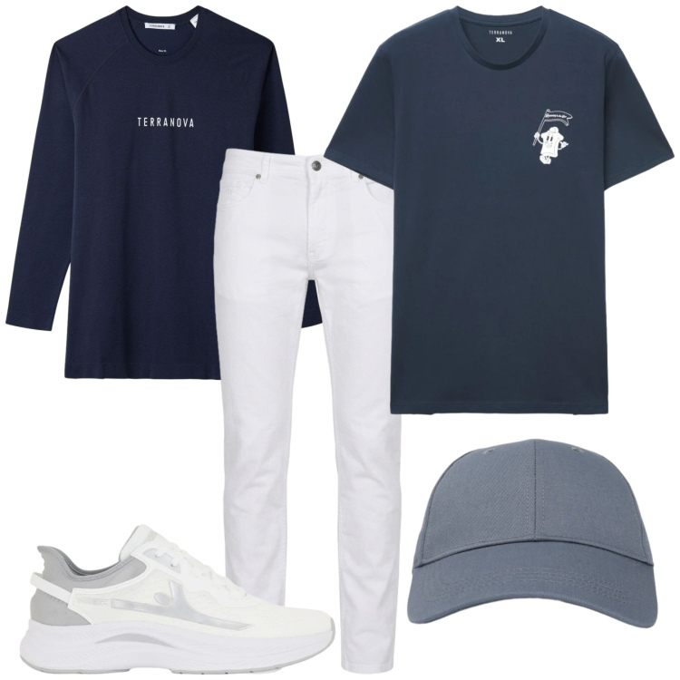 Outfit uomo - Total look #2436321. Stile Casual per Tutti i giorni. Abbinamento con pantaloni, cappelli con visiera, t-shirt, t-shirt sportive, sneakers.