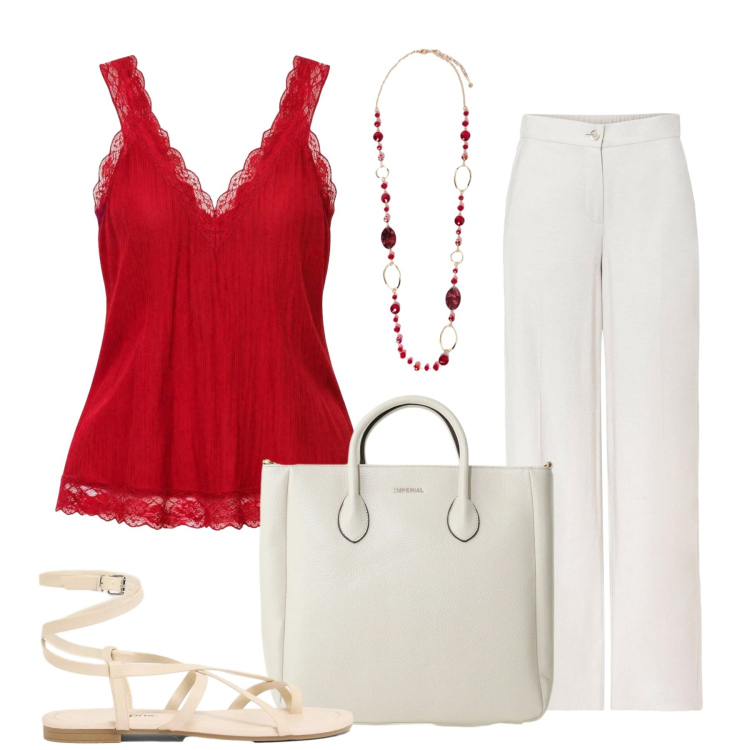 Outfit donna - Il tocco di colore. Stile Basic per Tutti i giorni. Abbinamento con pantaloni, sandali, canottiere, collane, borse a tracolla.