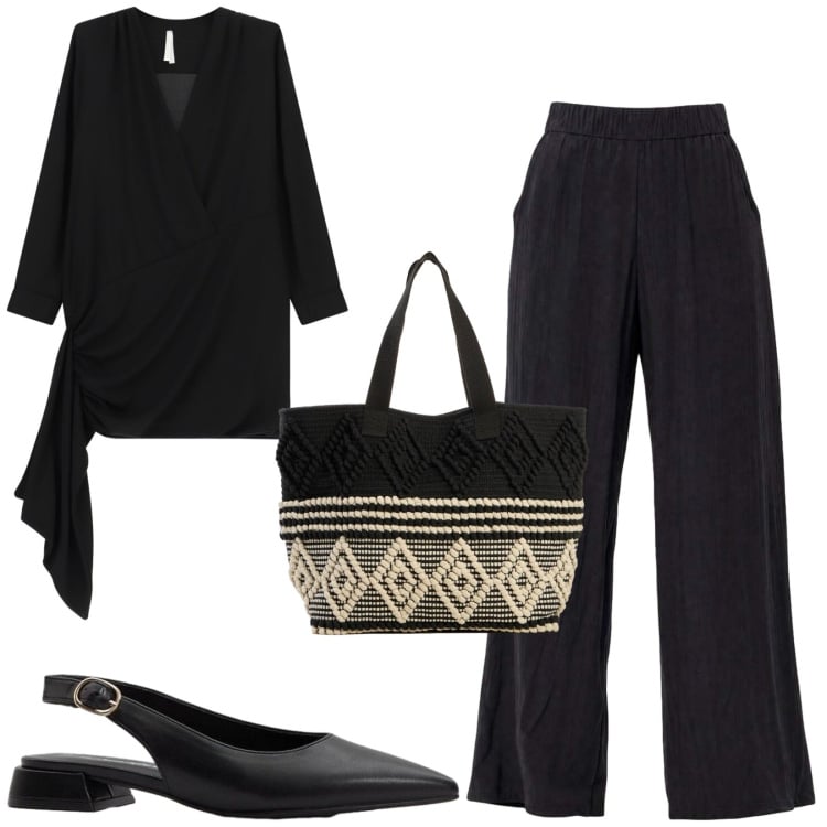 Outfit donna - Total look #2436338. Stile Chic per Serata fuori. Abbinamento con ballerine, shopping bag, pantaloni a palazzo, vestiti asimmetrici.