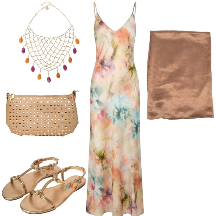 Outfit donna - Sere d \'estate. Stile Romantica per Serata fuori. Abbinamento con collane, vestiti lunghi, borse a spalla, sandali in pelle, stole.