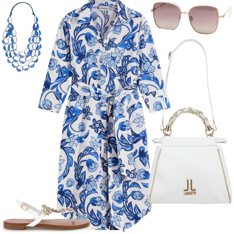 Outfit donna - Chemisier. Stile Basic per Tutti i giorni. Abbinamento con vestiti chemisier, collane, occhiali da sole, sandali gioiello, borse a tracolla.