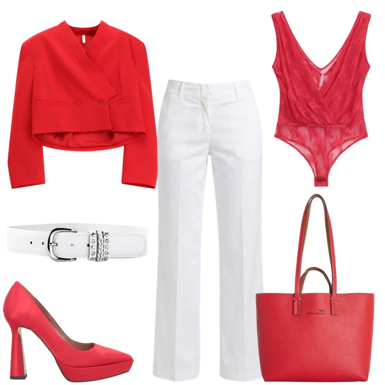 Outfit donna - Rosso da impazzire. Stile Casual chic per Serata fuori. Abbinamento con décolleté, cinture, pantaloni, shopping bag, top, blazer.