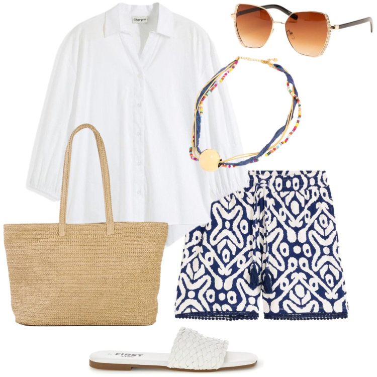 Outfit donna - I bermuda con nappine. Stile Casual chic per Tutti i giorni. Abbinamento con shopping bag, shorts, bluse, occhiali da sole, collane, ciabatte.