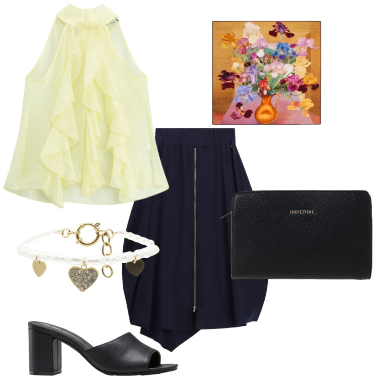 Outfit donna - Retrò. Stile Boho per Serata fuori. Abbinamento con sandali col tacco, foulard, braccialetti, top, gonne longuette, borse a tracolla.