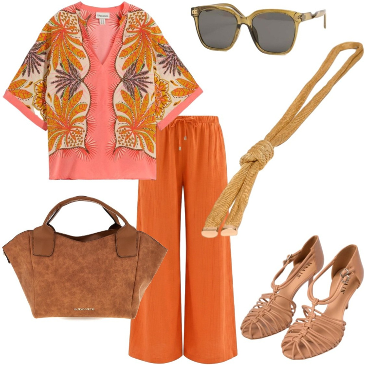 Outfit donna - Arancio e corallo. Stile Boho per Tutti i giorni. Abbinamento con tuniche, pantaloni a palazzo, sandali in pelle, occhiali da sole, collane, borse a mano.