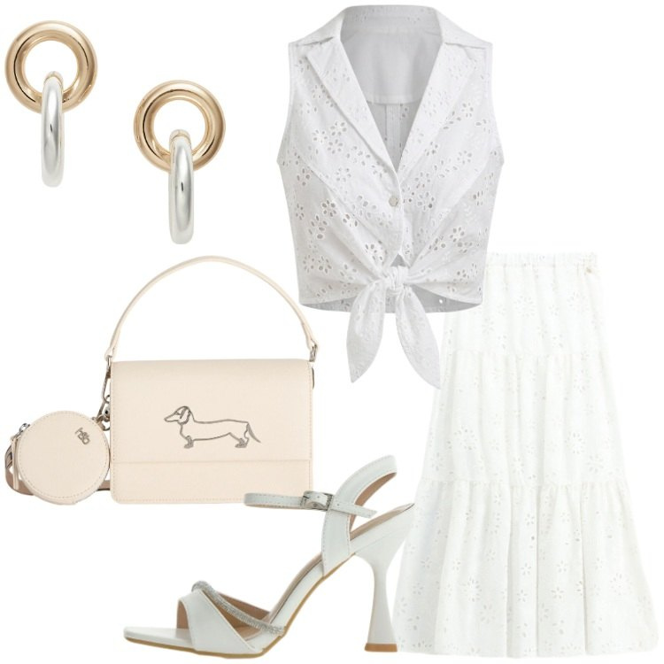 Outfit donna - Summer Sale Style. Stile Vintage retrò per Serata fuori. Abbinamento con borse a tracolla, top, sandali gioiello, gonne longuette, orecchini.