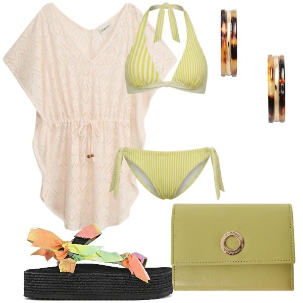 Outfit donna - nuovi look. Stile Casual chic per Mare. Abbinamento con vestiti da spiaggia, bikini, portafogli, orecchini, sandali.