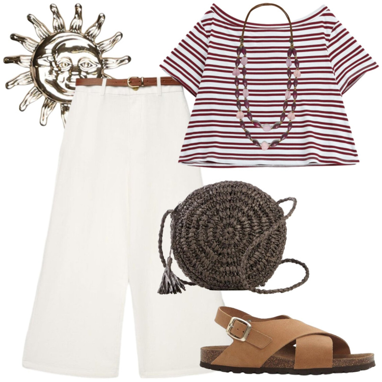 Outfit donna - Casual. Stile Casual per Tutti i giorni. Abbinamento con borse a tracolla, sandali in pelle, blazer, pantaloni a palazzo, collane, t-shirt.