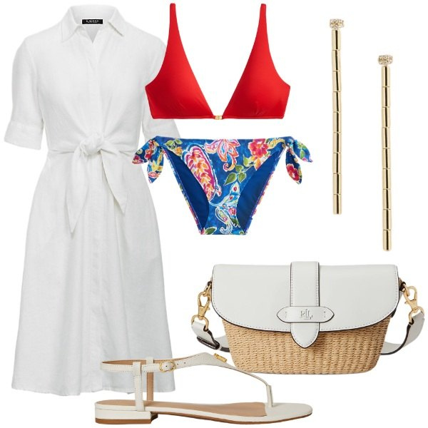 Outfit donna - rinnovare il guardaroba. Stile Casual chic per Mare. Abbinamento con culotte, sandali in pelle, borse a spalla, bikini, orecchini, camicie.
