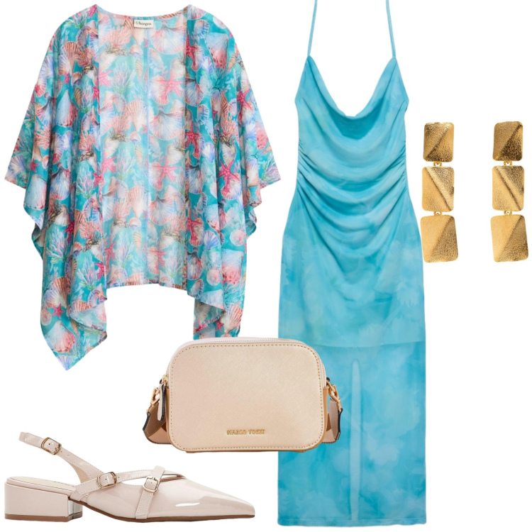 Outfit donna - Chic. Stile Chic per Serata fuori. Abbinamento con décolleté, borse a tracolla, kimono, vestiti lunghi, orecchini.