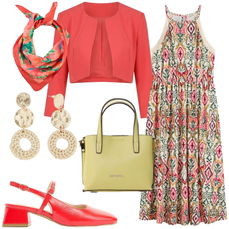 Outfit donna - Casual chic. Stile Casual chic per Serata fuori. Abbinamento con orecchini, décolleté, foulard, vestiti midi/longuette, bolero, borse a tracolla.