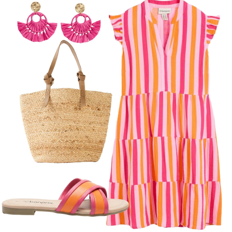 Outfit donna - Vacanza. Stile Casual per Mare. Abbinamento con vestiti, shopping bag, ciabatte, orecchini.