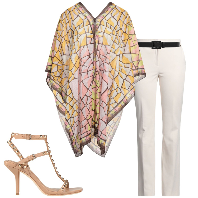 Outfit donna - Stampe che illuminano. Stile Chic per Serata fuori. Abbinamento con top, sandali in pelle, pantaloni, cinture.