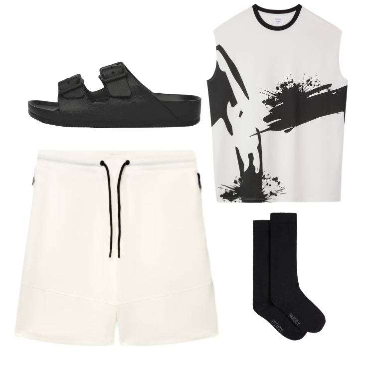 Outfit uomo - Teutonico. Stile Casual per Tutti i giorni. Abbinamento con t-shirt, sandali, pantaloni corti, calzini.