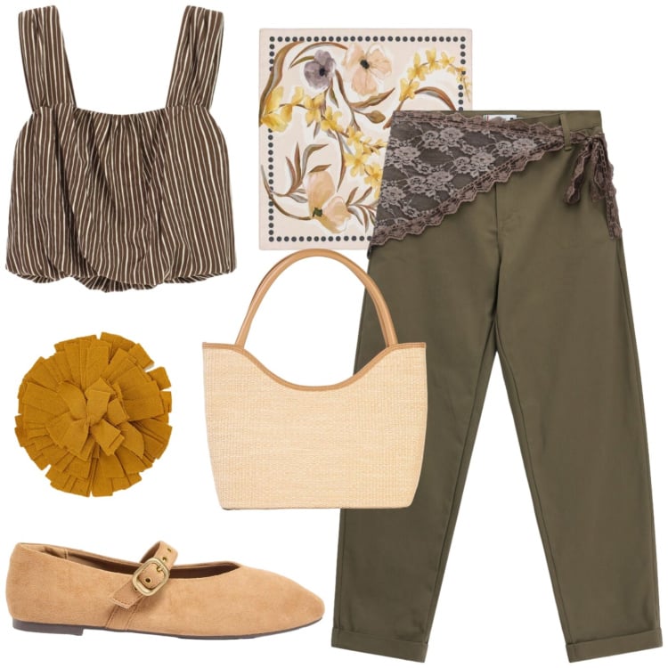Outfit donna - Verde militare. Stile Casual per Tutti i giorni. Abbinamento con ballerine, shopping bag, pantaloni, top, foulard, cappelli.