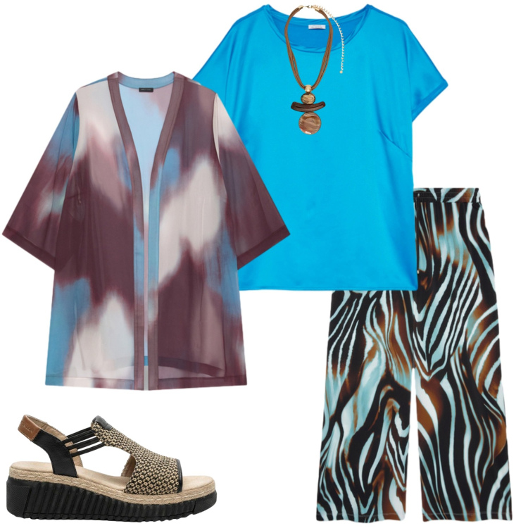 Outfit donna - Stampe che illuminano. Stile Casual chic per Serata fuori. Abbinamento con sandali, pantaloni a palazzo, t-shirt, kimono, ciondoli.