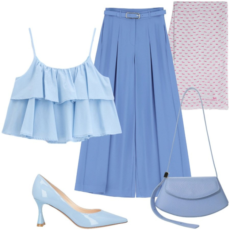 Outfit donna - Delicato Ceruleo tono su tono. Stile Chic per Tutti i giorni. Abbinamento con décolleté, sciarpe, top, pantaloni a palazzo, borse a spalla.