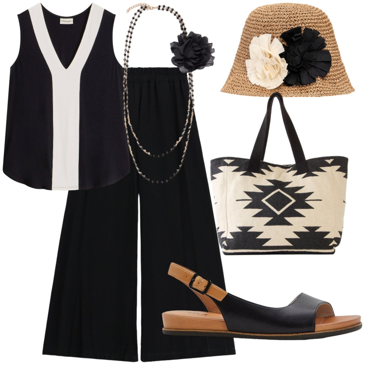 Outfit donna - Aperitivo. Stile Casual chic per Serata fuori. Abbinamento con sandali, shopping bag, canottiere, pantaloni, collane, cappelli.