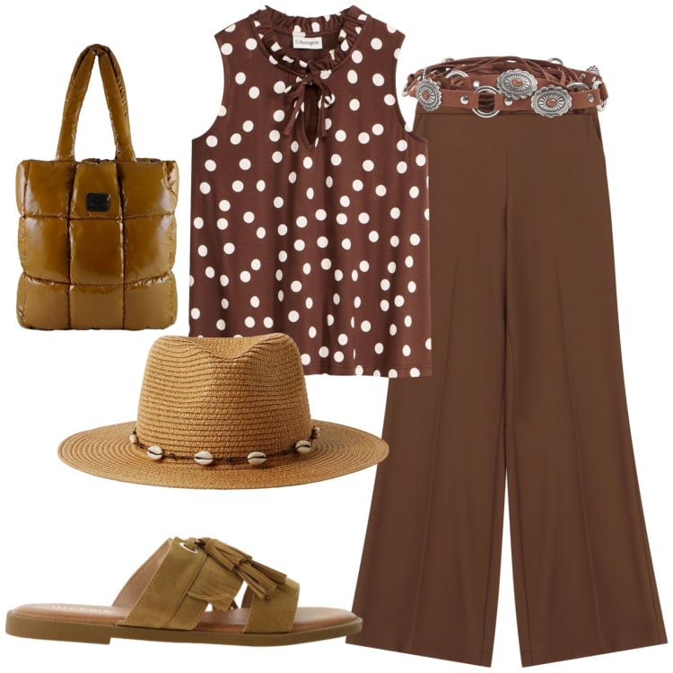 Outfit donna - Chic casual. Stile Casual chic per Serata fuori. Abbinamento con canottiere, cinture, cappelli, pantaloni a palazzo, sandali, shopping bag.