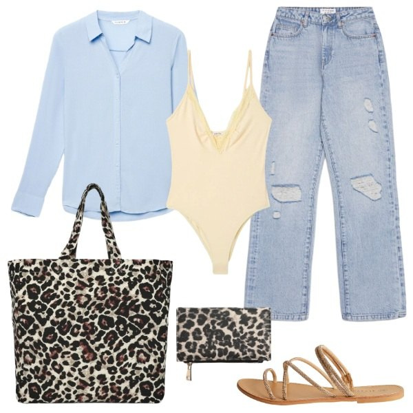Outfit donna - Total look #2436393. Stile Casual chic per Tutti i giorni. Abbinamento con camicie, body, portafogli, shopping bag, jeans strappati, sandali.