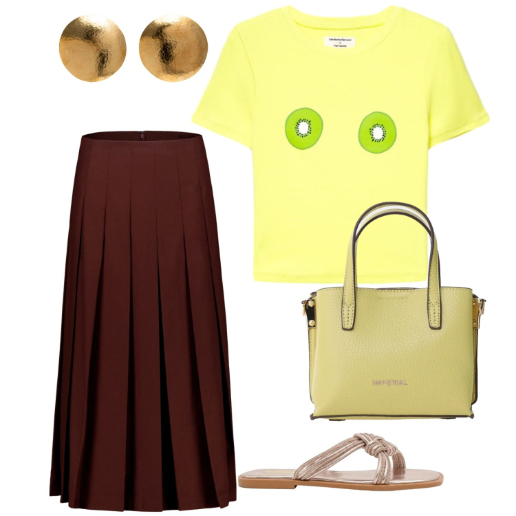 Outfit donna - Di giorno. per Tutti i giorni. Abbinamento con t-shirt, gonne longuette, orecchini, sandali, borse a tracolla.