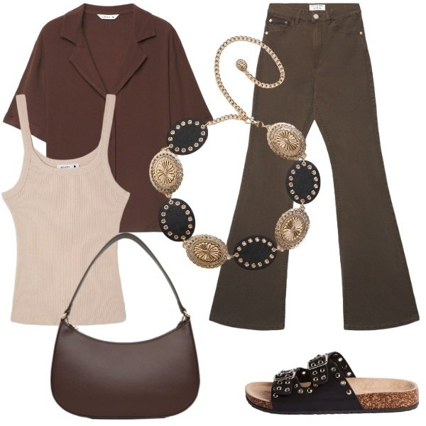 Outfit donna - Total look #2436399. Stile Casual chic per Tutti i giorni. Abbinamento con canottiere, camicie a manica corta, jeans a zampa, borse a tracolla, ciabatte, cinture.
