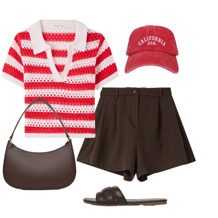 Outfit donna - Rosso essenziale. Stile Casual per Tutti i giorni. Abbinamento con shorts, t-shirt, borse a tracolla, cappelli con visiera, ciabatte.