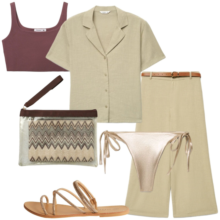 Outfit donna - Total look #2436407. Stile Trendy per Mare. Abbinamento con camicie a manica corta, pochette, canottiere, bikini, pantaloni a palazzo, sandali.