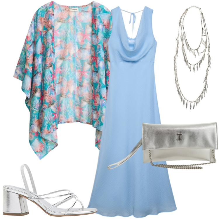 Outfit donna - Stampe che illuminano. Stile Chic per Serata fuori. Abbinamento con kimono, sandali col tacco, vestiti lunghi, borse a tracolla, collane.