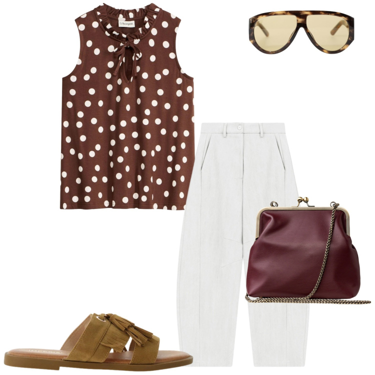 Outfit donna - Stampe che illuminano. Stile Casual chic per Ufficio. Abbinamento con canottiere, pantaloni, sandali, occhiali da sole, clutch.
