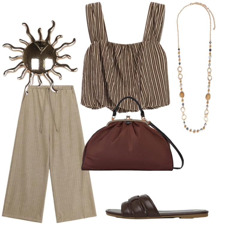 Outfit donna - Total look #2436411. Stile Etnico per Tutti i giorni. Abbinamento con blazer, ciabatte, collane, top, pantaloni a palazzo, borse a spalla.