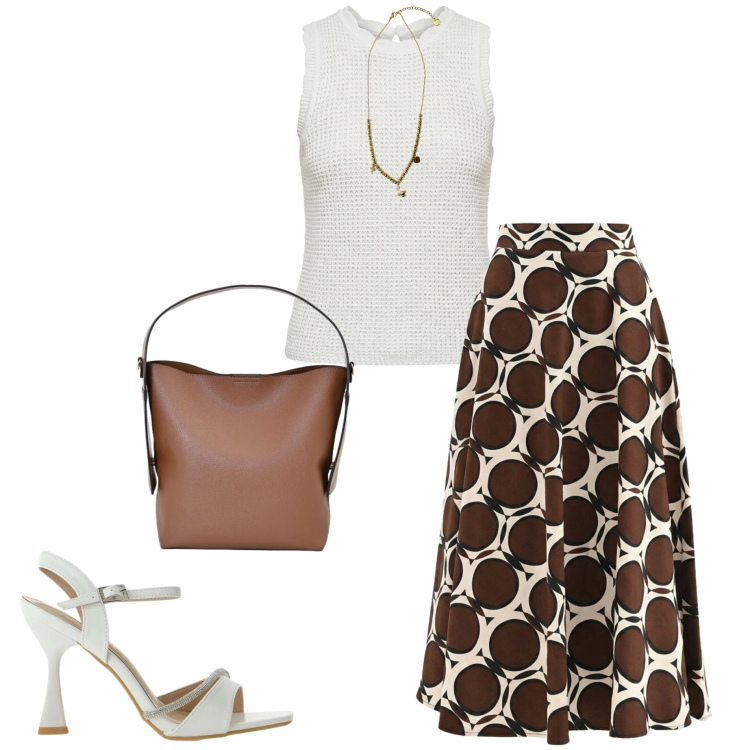 Outfit donna - Stampe che illuminano. Stile Chic per Serata fuori. Abbinamento con ciondoli, gonne lunghe, canottiere, borse a mano, sandali gioiello.