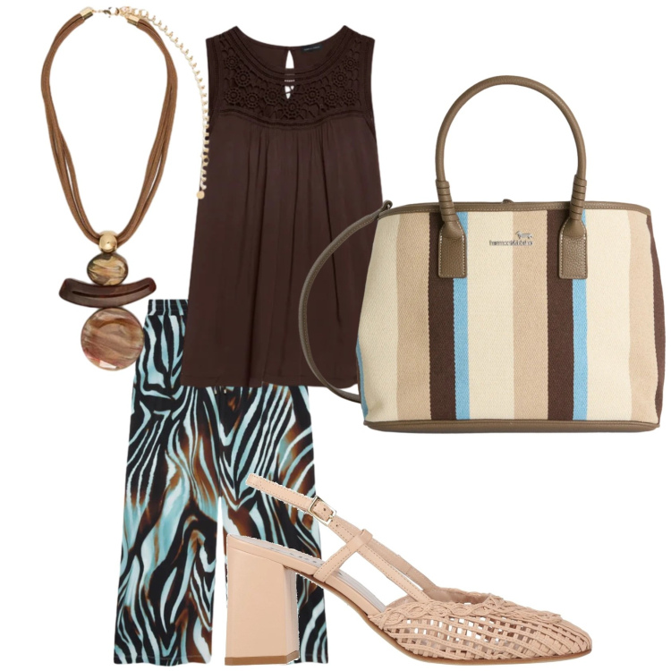 Outfit donna - Total look #2436414. Stile Casual chic per Tutti i giorni. Abbinamento con décolleté, shopping bag, pantaloni a palazzo, ciondoli, canottiere.