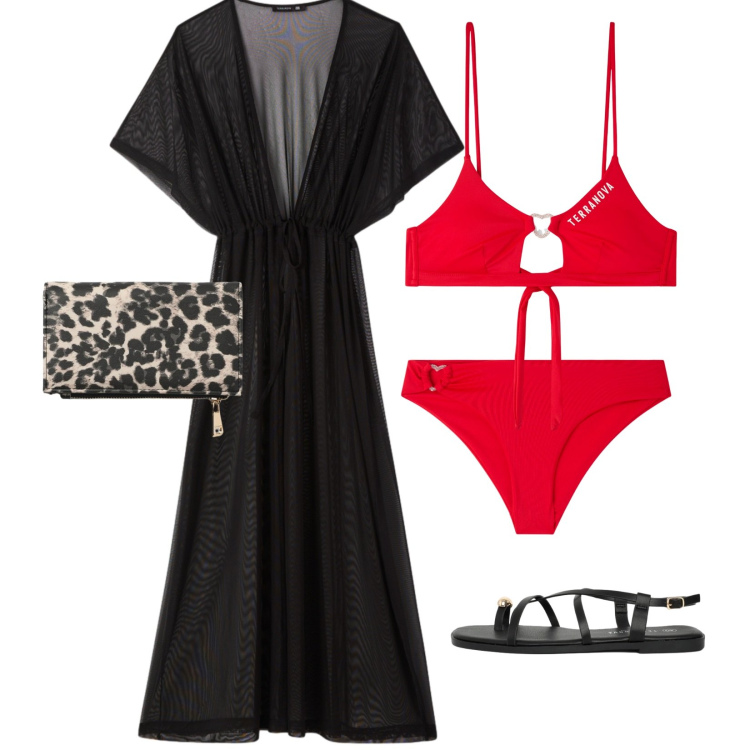 Outfit donna - Dal mare all\' aperitivo. Stile Sporty chic per Mare. Abbinamento con caftani, bikini, bikini, sandali, portafogli.