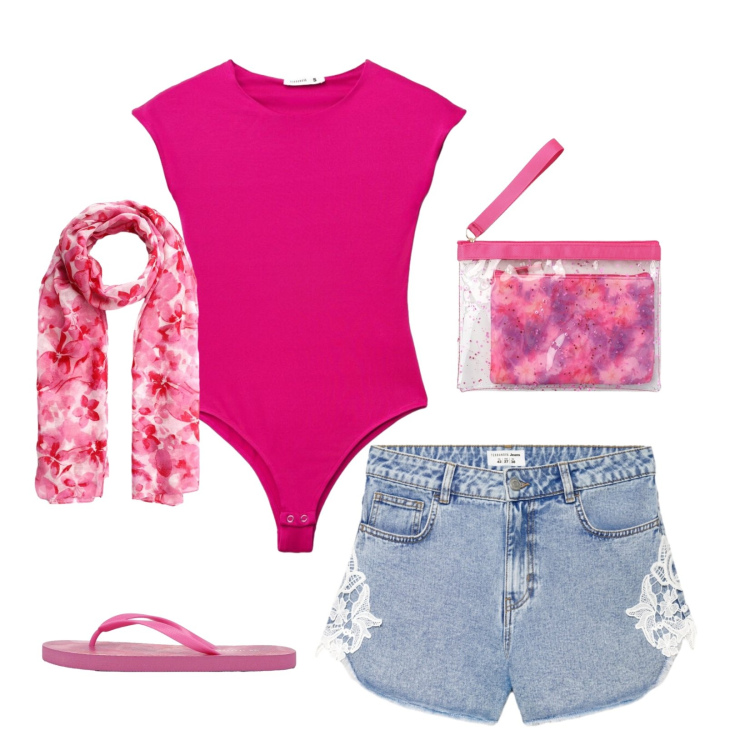 Outfit donna - Body pink. Stile Casual per Tutti i giorni. Abbinamento con shorts, top, pochette, foulard, infradito.