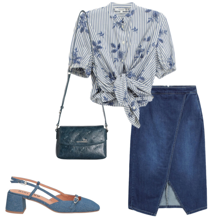 Outfit donna - Stampe che illuminano. Stile Casual chic per Ufficio. Abbinamento con décolleté, borse a tracolla, gonne longuette, camicie a manica corta.
