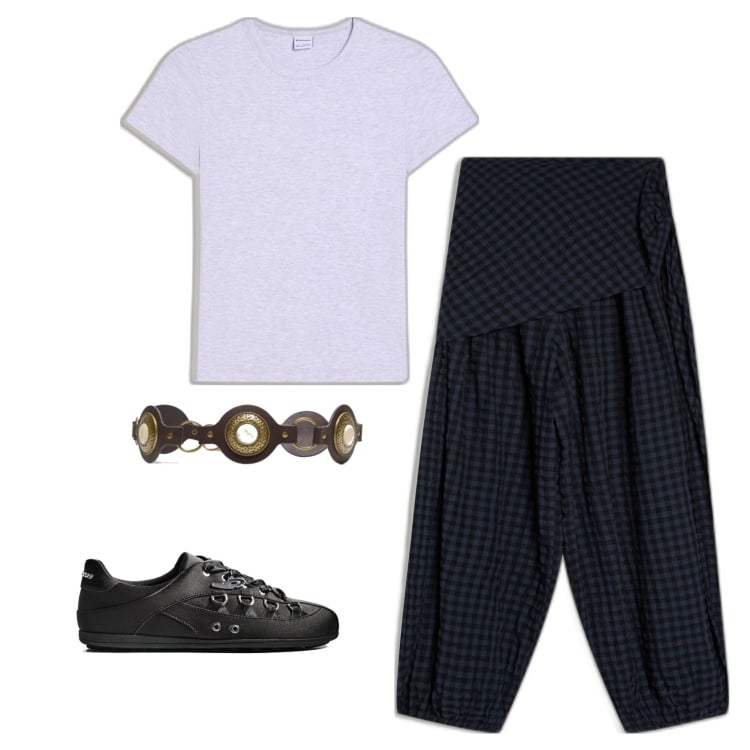 Outfit mujer - Casual look. Estilo Casual para Todos los días. Combinación con pantalones, camiseta, sneakers, cinturones.
