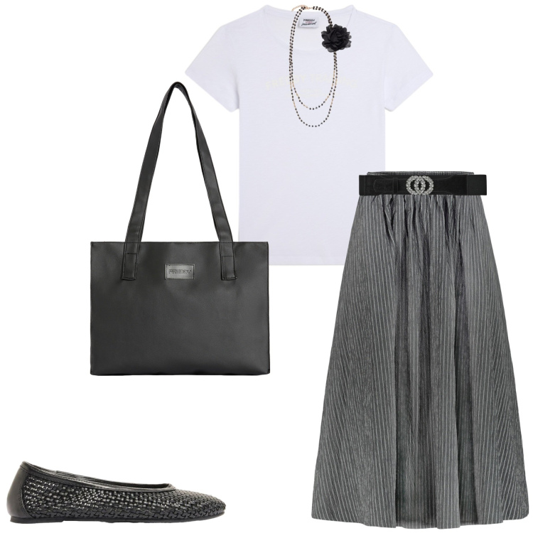 Outfit donna - Stampe che illuminano. Stile Boho per Ufficio. Abbinamento con ballerine, cinture, collane, gonne, shopping bag, t-shirt.