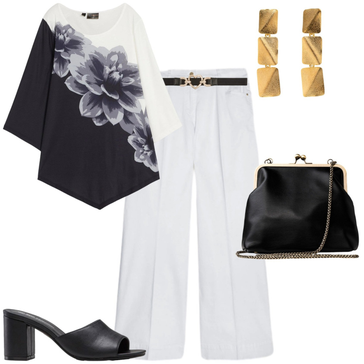 Outfit donna - Chic serata estiva. Stile Chic per Serata fuori. Abbinamento con bluse, sandali col tacco, cinture, pantaloni, orecchini, clutch.